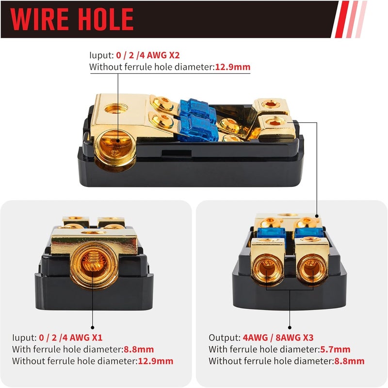 RED WOLF 2 Way Mini ANL Fuse Holder 60A 0/2/4 Gauge Input 4/8 Gauge Output Fuse Distribution Block for Car Boat Trolling Motor Marine Audio Amplifier Stereo Video System - Image 2